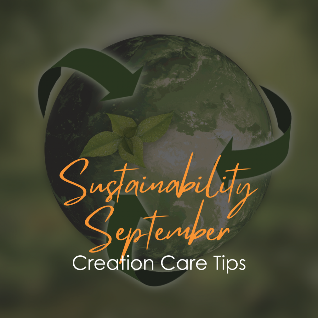 Image of the earth with Sustainability September Creation Care Tips in writing