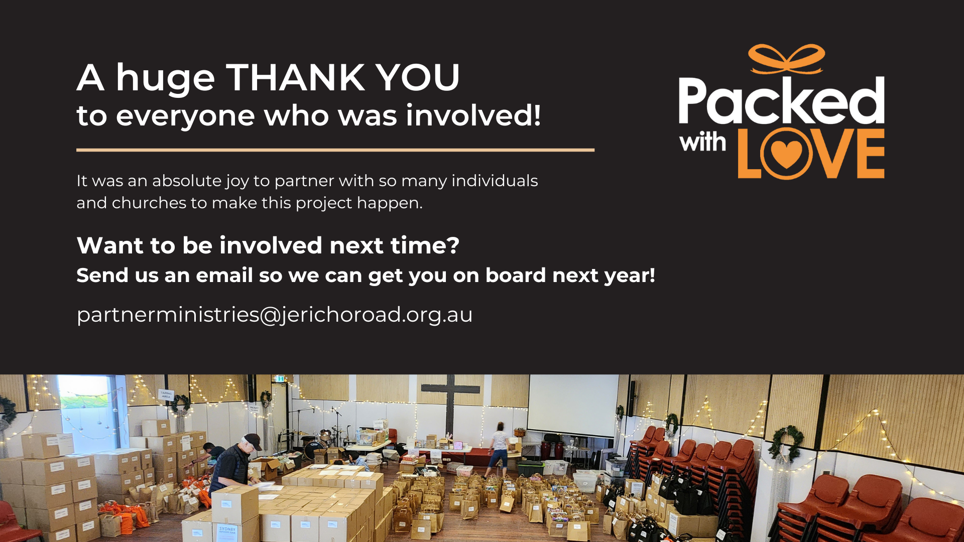 Join us next time - email us at partnerministries@jerichoroad.org.au to let us know that you'd be keen to get involved in Packed with Love in future.